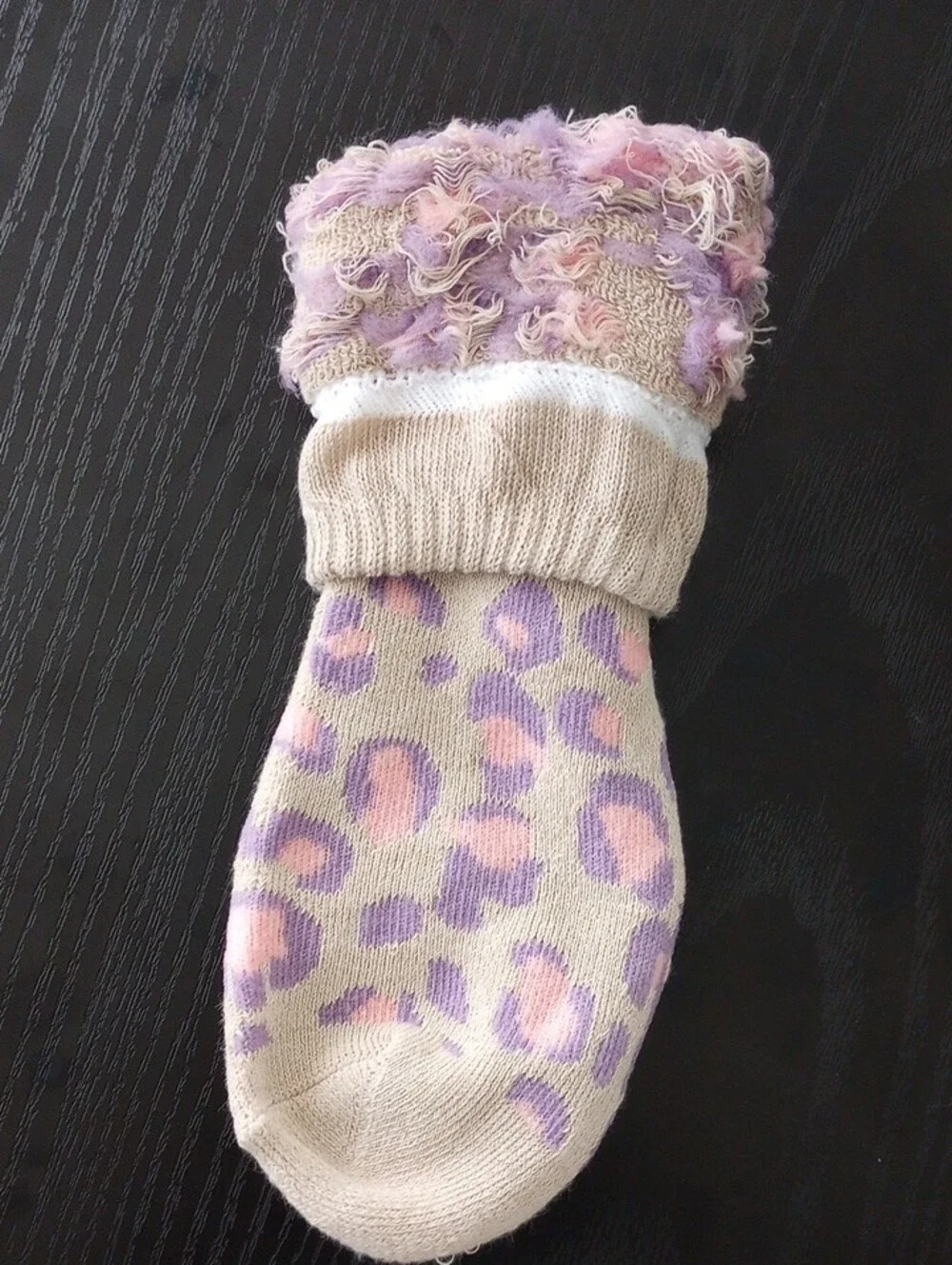 Cream Leopard Print Crew Socks with Pink & Lavender Accents